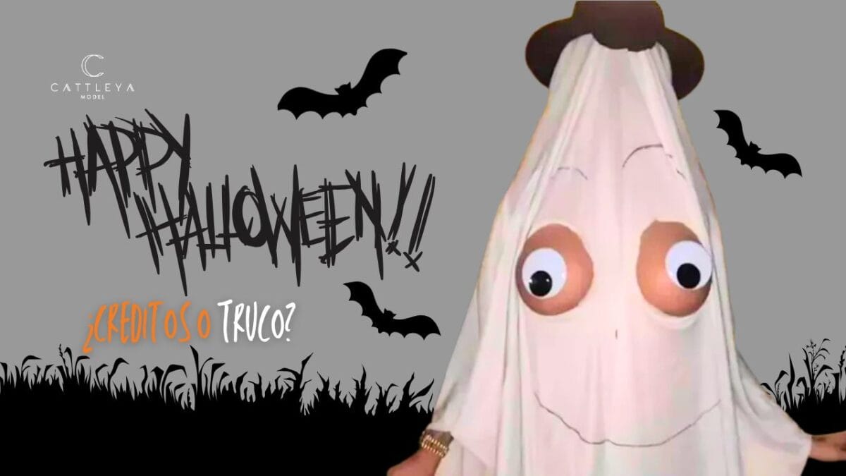 Imagen de Halloween con fantasma divertido y el mensaje: '¿Créditos o Truco?' para celebrar el mes de octubre en Cattleya Model, promoviendo la creatividad y la diversión en el modelaje webcam.