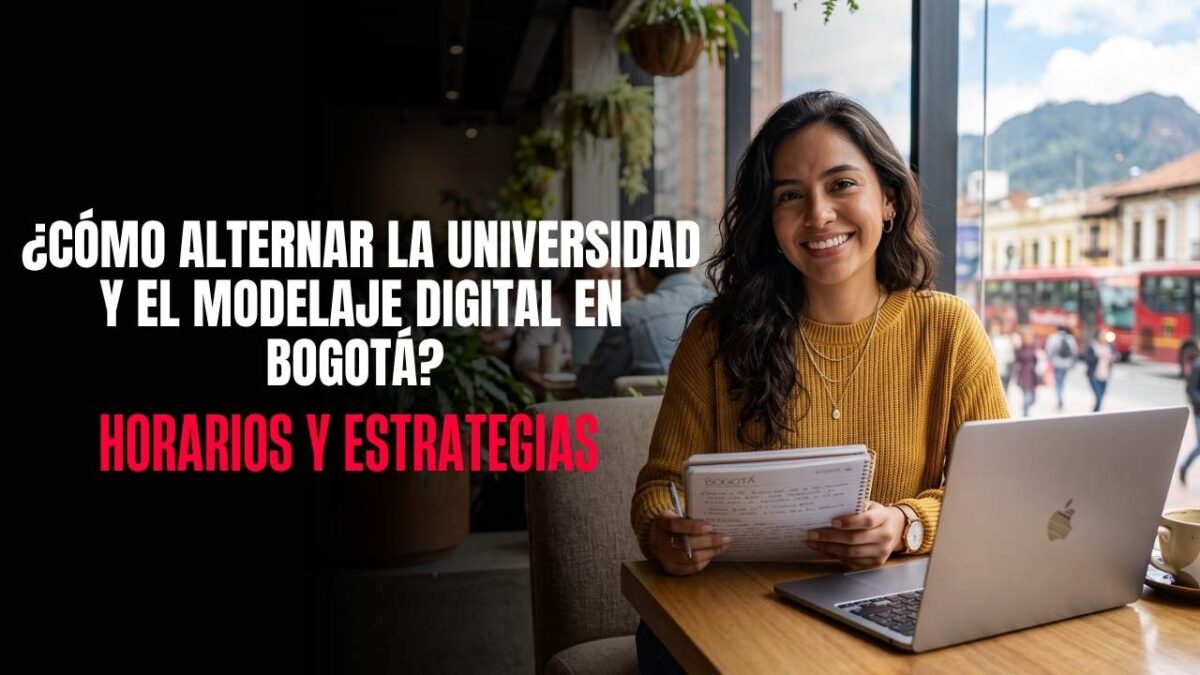 Estudiante universitaria planificando sus horarios de modelaje digital profesional en la sede de Cattleya Model en Chapinero, Bogotá.